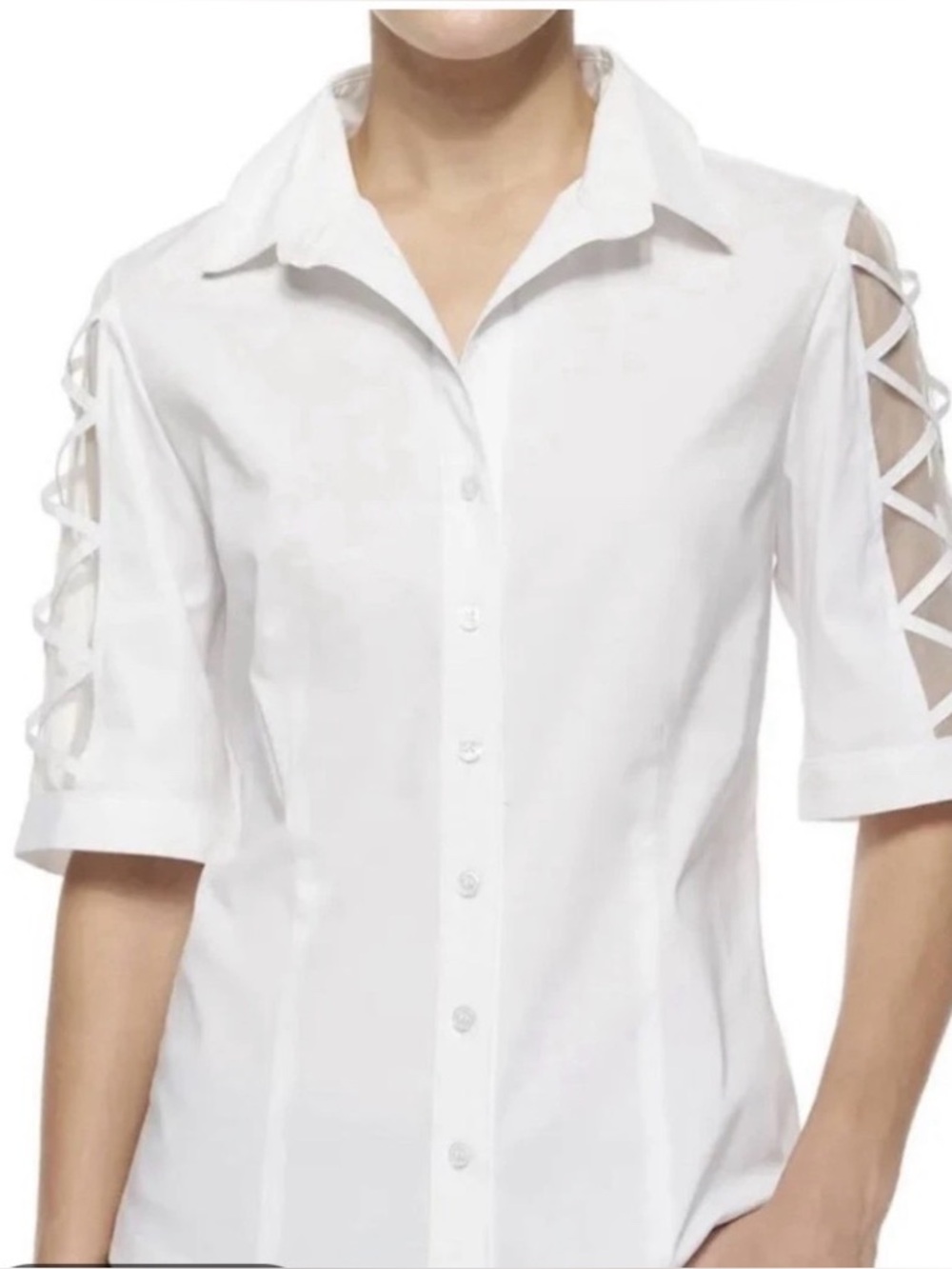 Finley White Button-Down Short Sleeve Blouse with Lattice Sleeve Detail